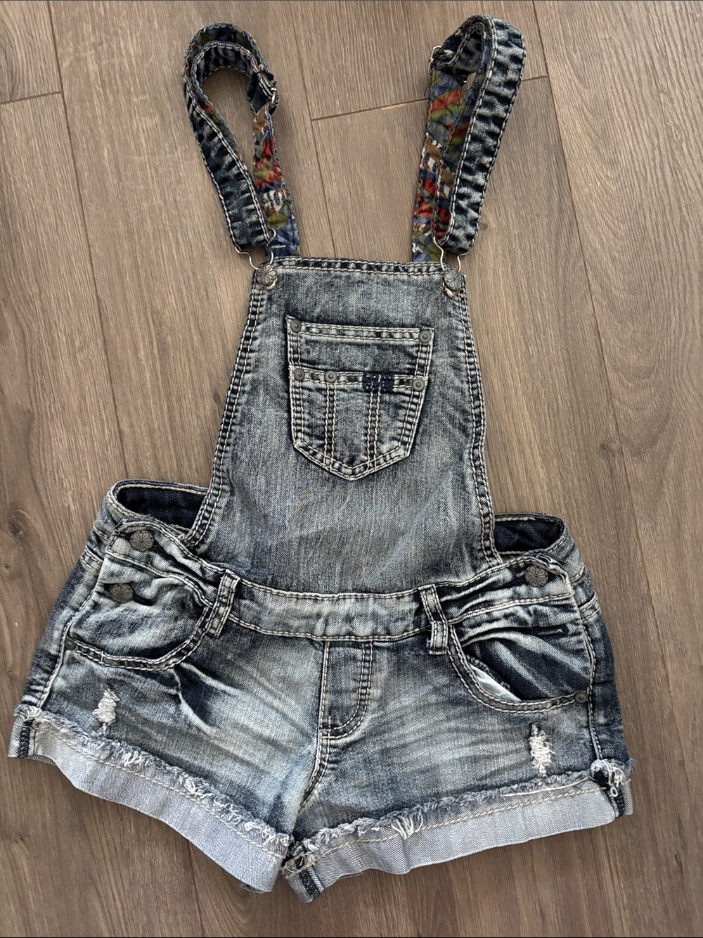 hippie laundry Distressed Denim Short Overalls with Colorful Floral Straps